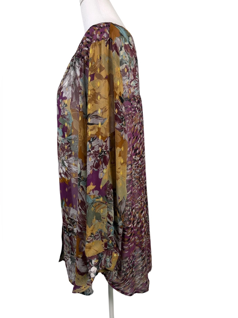 Figueroa & Flower Sheer Floral Button-Down Shirt in Purple & Gold Plus Size 1X - Picture 6 of 11